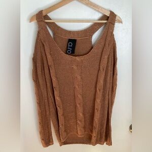 Irridescent Tan Cable Knit Cold Shoulder Sweater L
